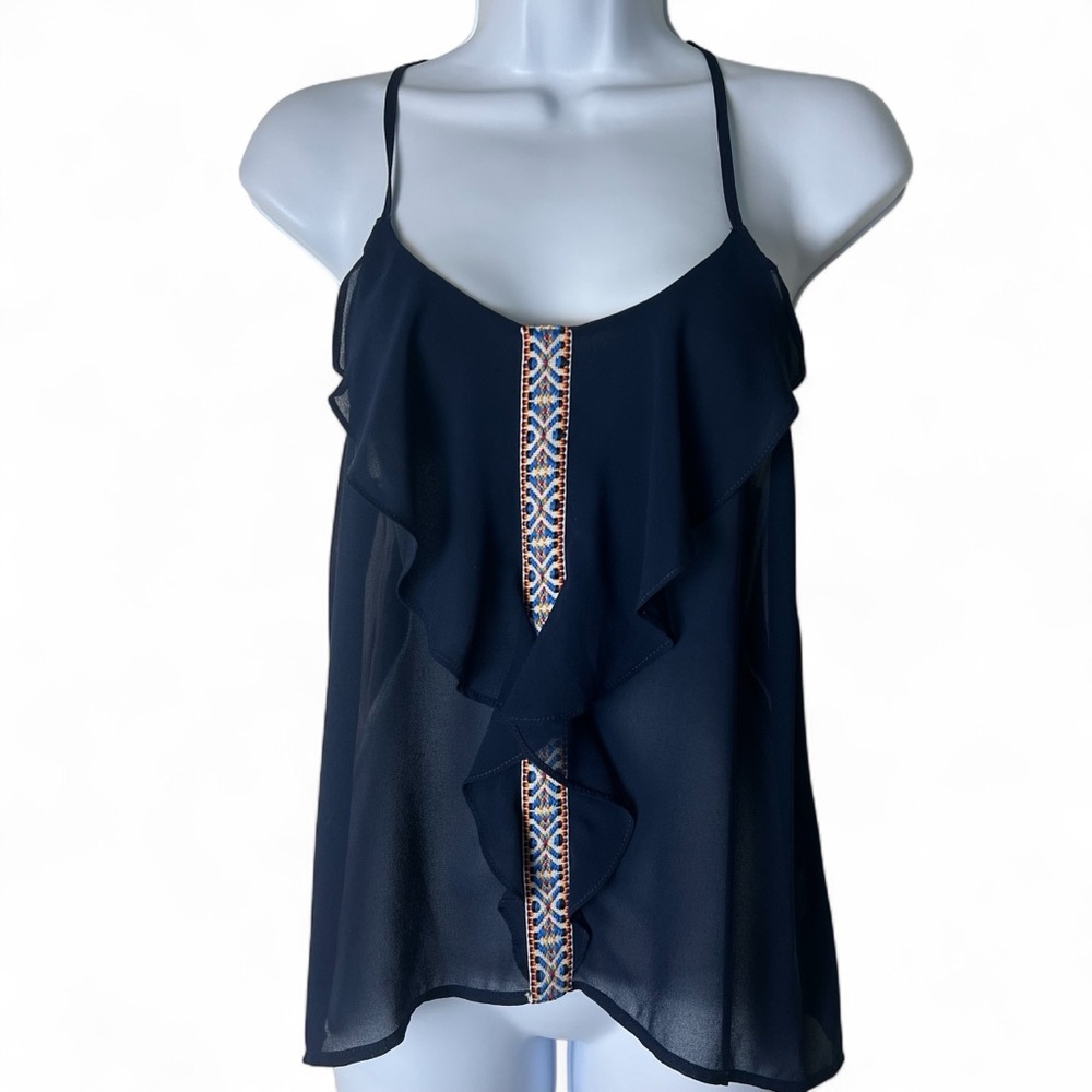 Super B - Women's‎ Sheer Racerback T-Strap Ruffled Top Blouse Navy Blue - Sz. M